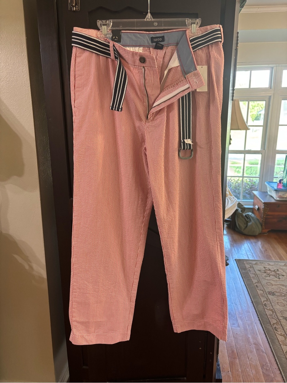 Izod Pink Seersucker Men’s Pants with Navy Stripe Belt